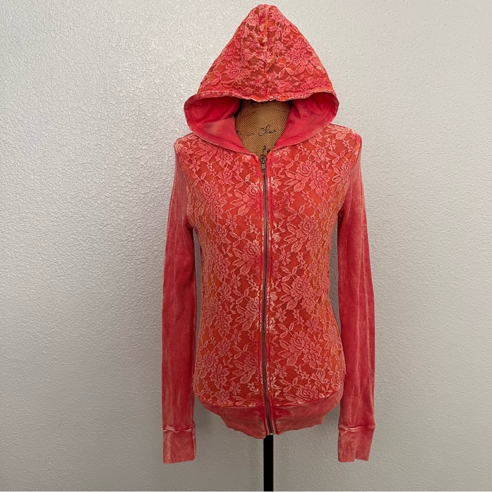 American Age Coral lace and waffle knit zip up hoodie lightweight